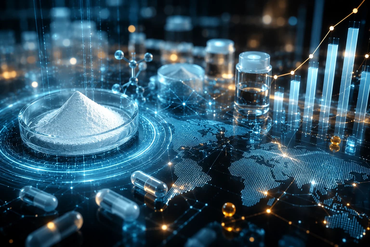 Abstract visualization of pharmaceutical ingredients, molecular structures, and global market intelligence connected through data-driven analytics and regulatory insight.