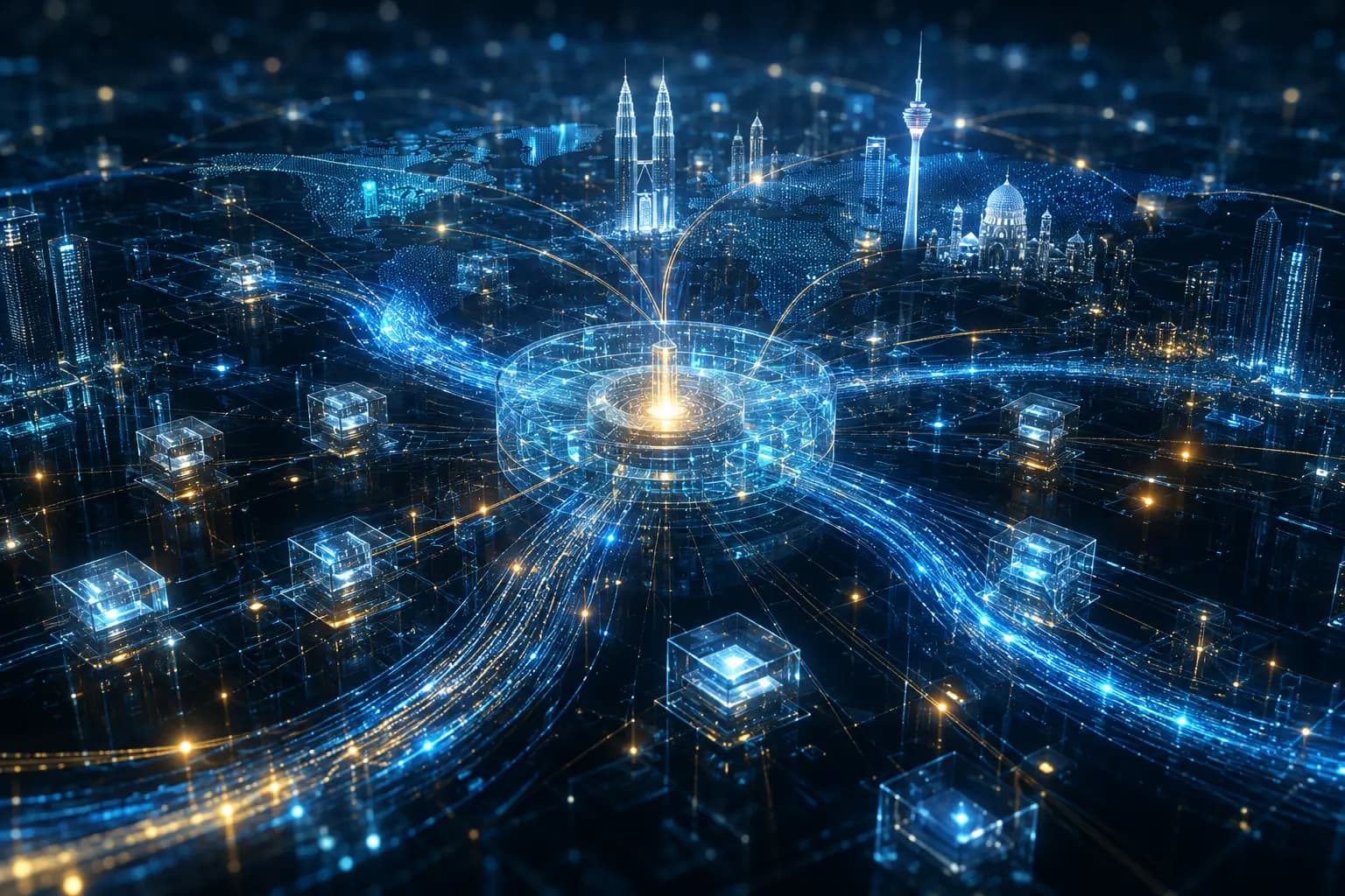 bstract visualization of a secure enterprise payments network with encrypted data flows, intelligent processing nodes, and subtle Malaysian skyline elements representing regional connectivity and financial technology.