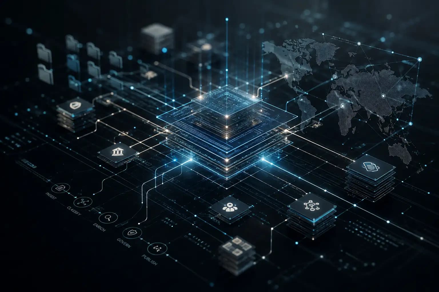 Abstract enterprise knowledge network with interconnected data nodes and secure governance architecture.