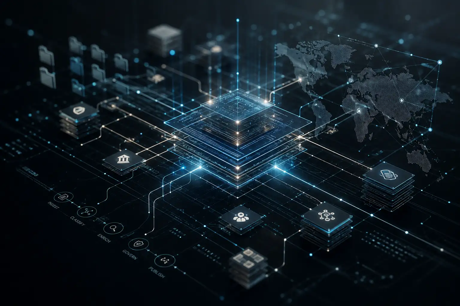 Abstract enterprise knowledge network with interconnected data nodes and secure governance architecture.