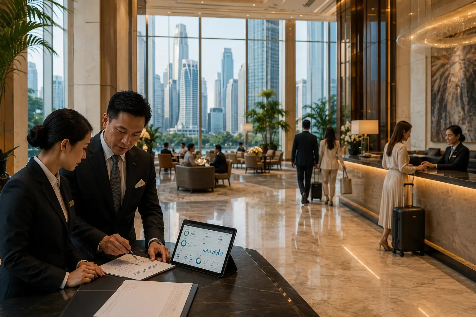 Luxury hotel manager reviewing operational dashboard with staff in an elegant five-star hotel lobby.